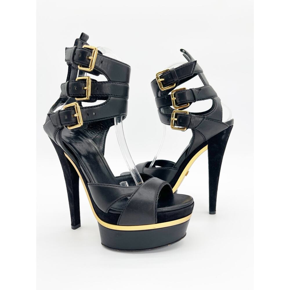Gucci Iman Spring 2009 Runway Black Leather Platform Ankle Strap Sandals IT 36.5